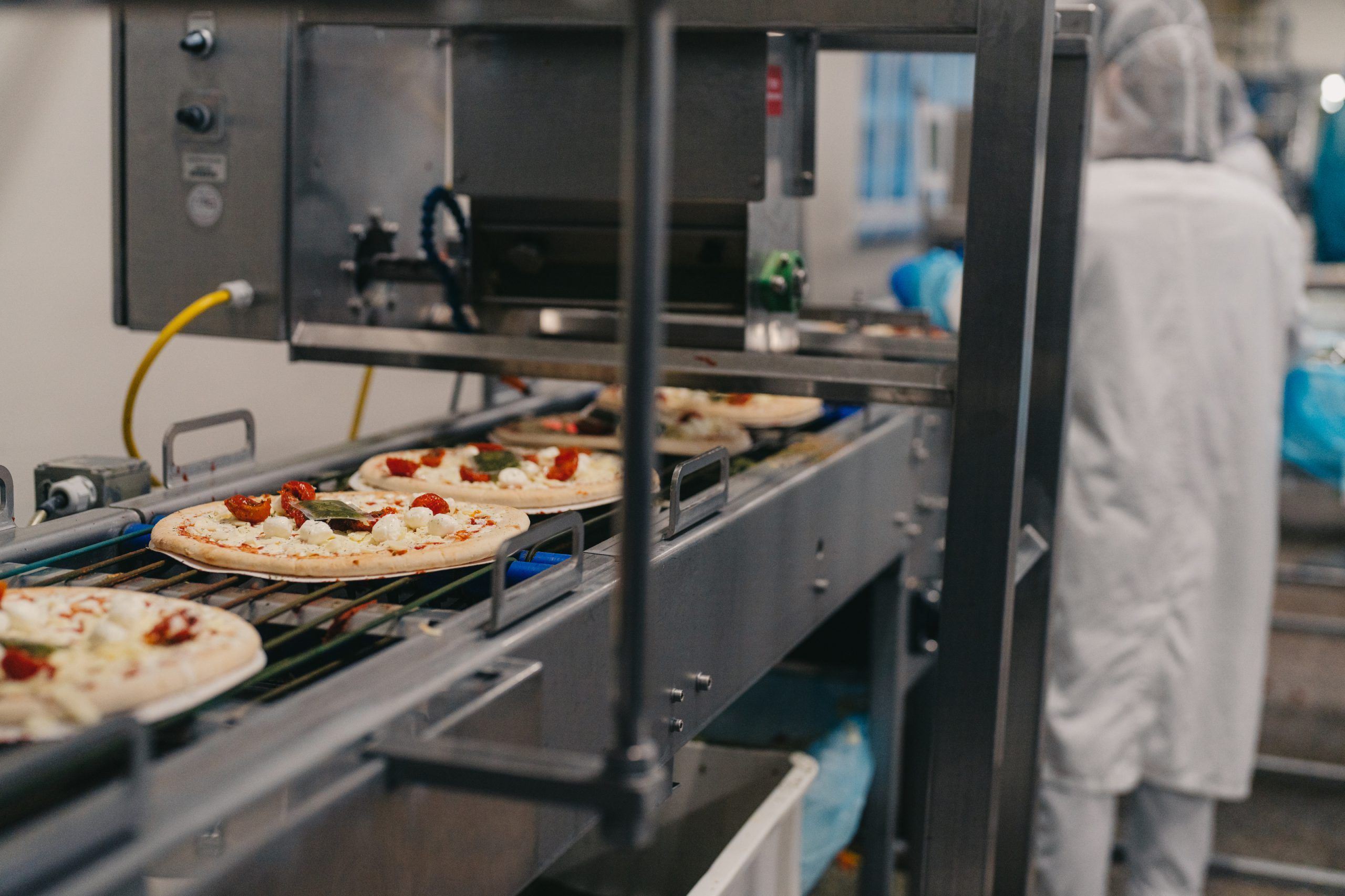 Pizzas on the conveyor belt